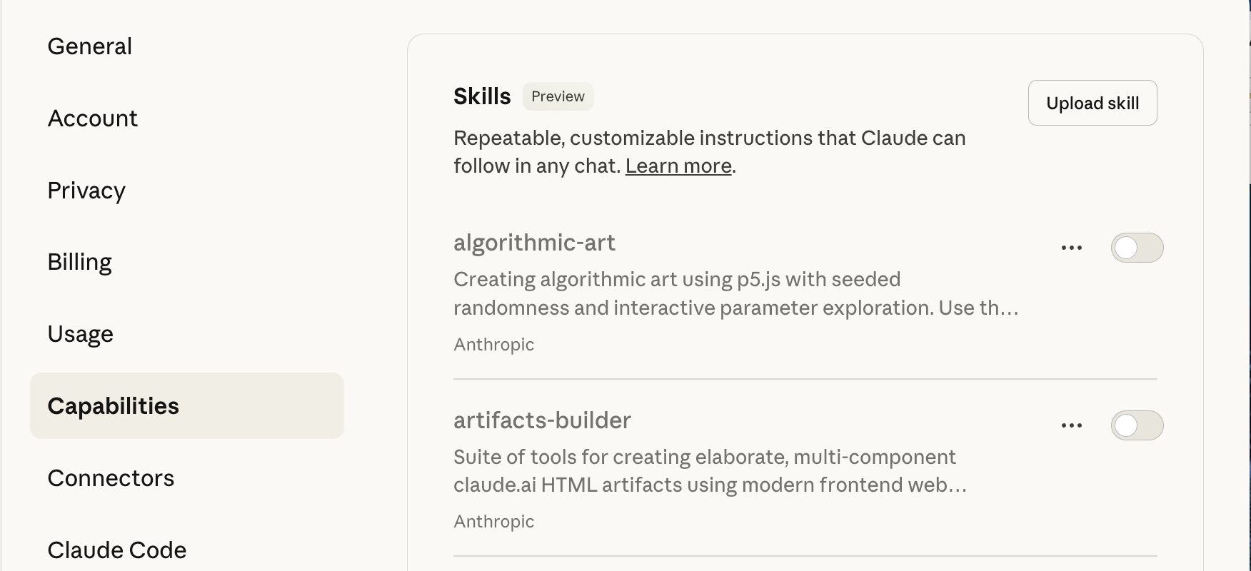 A screen capture of the Claude desktop config menu showing a skill
for algorithmic art